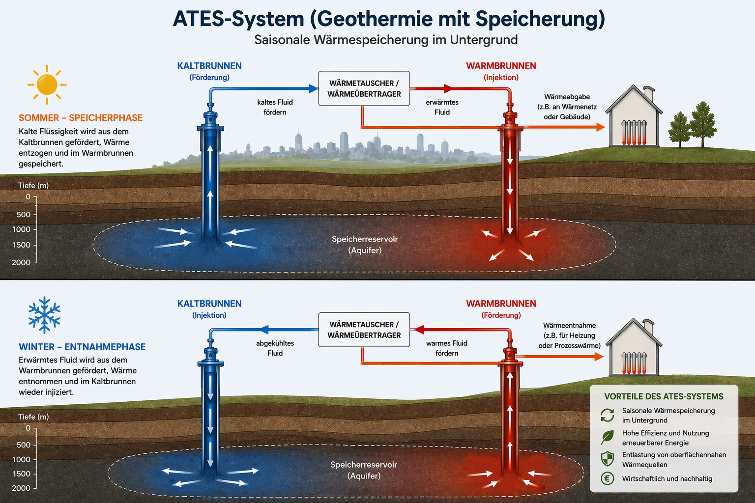 ATES system with reservoir, wellbore and heat pump